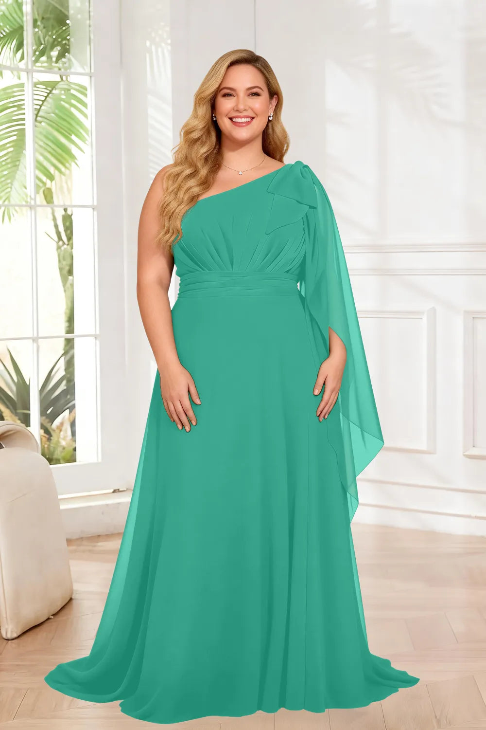 One Shoulder Ruched Waist Cape Sleeve A-Line Maxi Dress