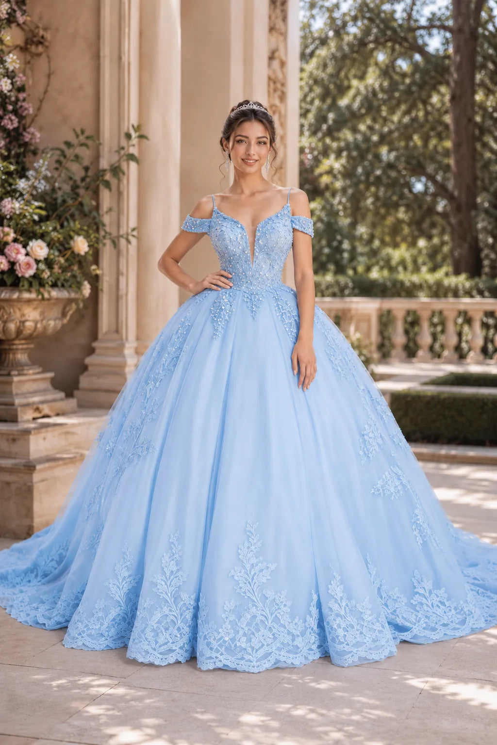 Princess Tulle Prom Dress with Lace Appliqué Ball Gown