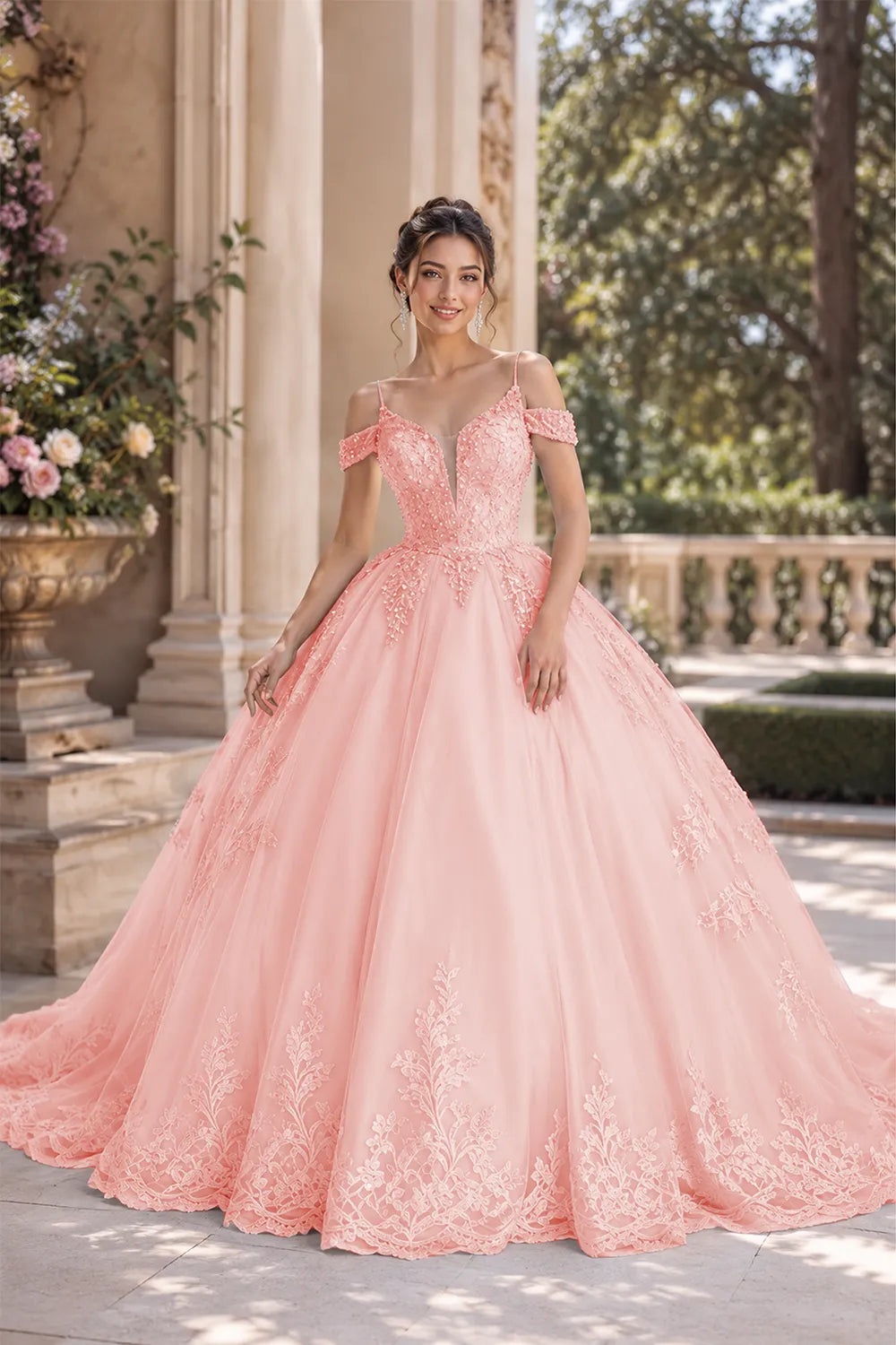 Princess Tulle Prom Dress with Lace Appliqué Ball Gown
