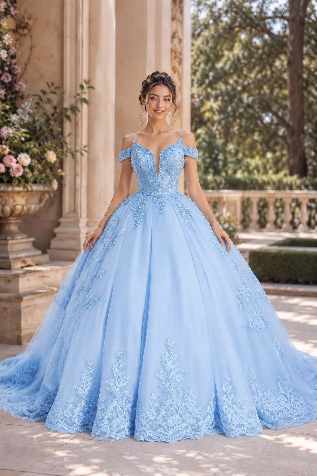 Princess Tulle Prom Dress with Lace Appliqué Ball Gown