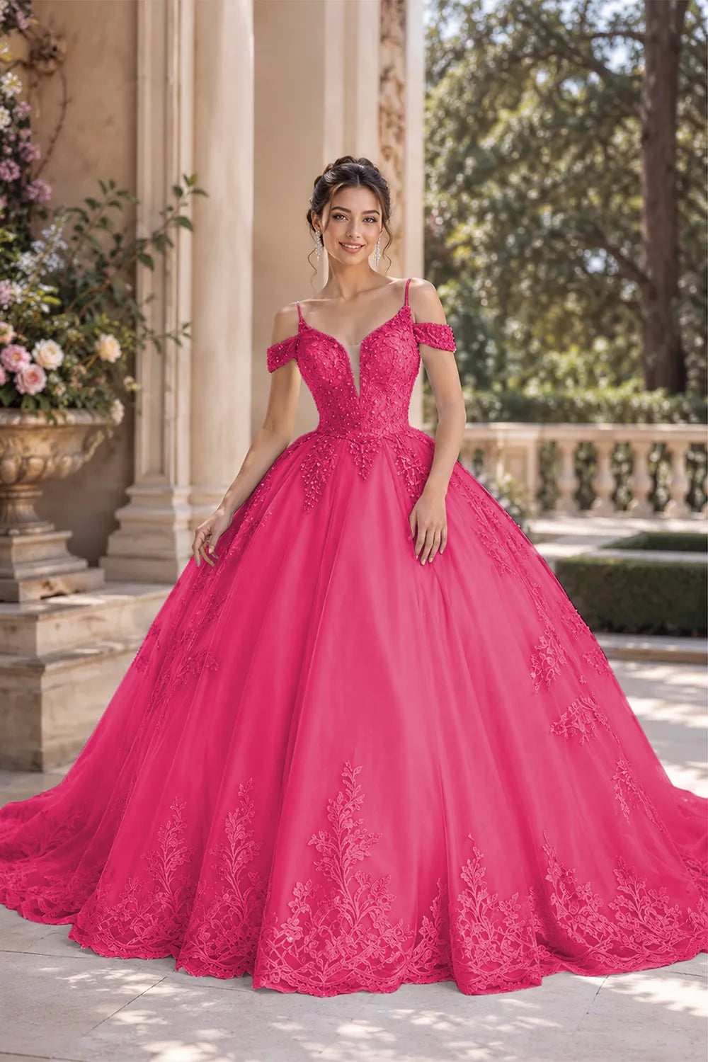Princess Tulle Prom Dress with Lace Appliqué Ball Gown