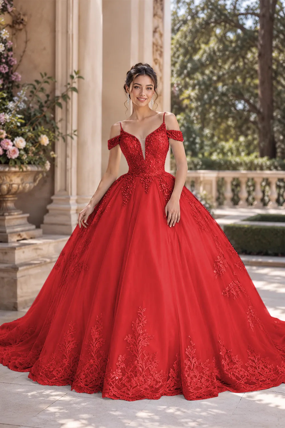Princess Tulle Prom Dress with Lace Appliqué Ball Gown