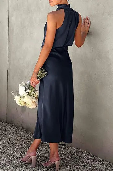 Draped High Neck Satin Midi Dress