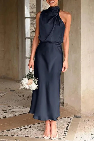 Draped High Neck Satin Midi Dress