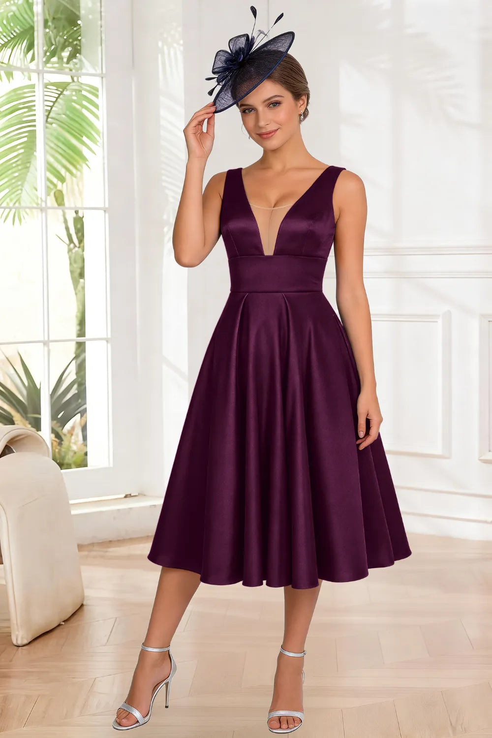 Elegant A-Line V-Neck Midi Dress