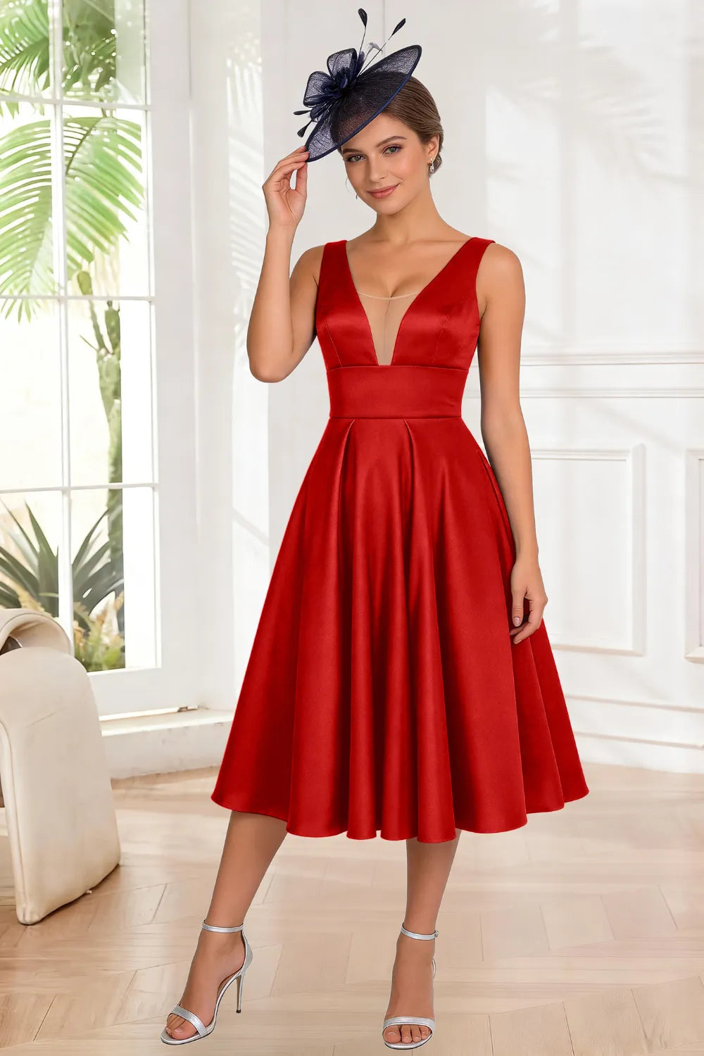 Elegant A-Line V-Neck Midi Dress