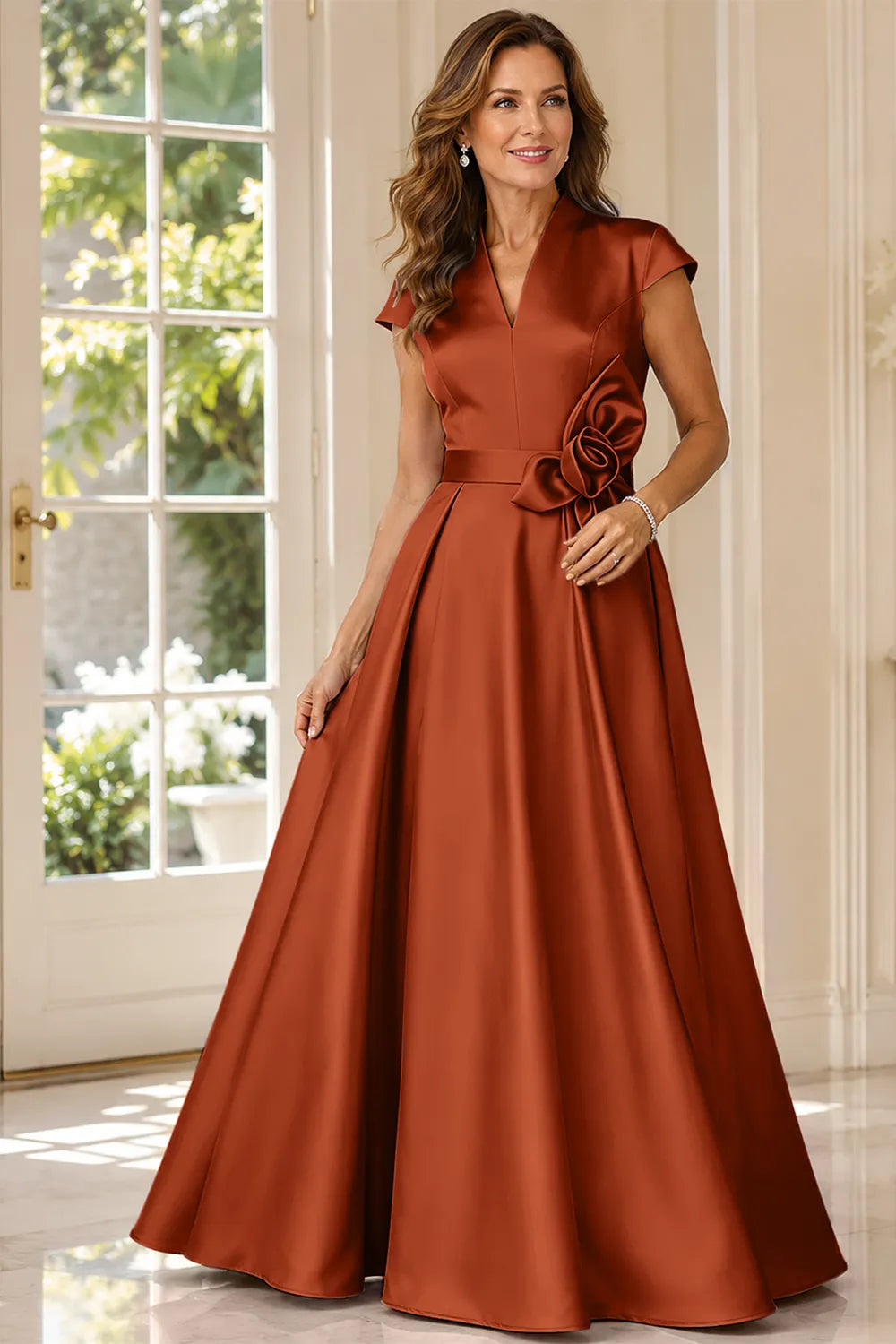 Refined V-Neck Draped Waist Evening Gown