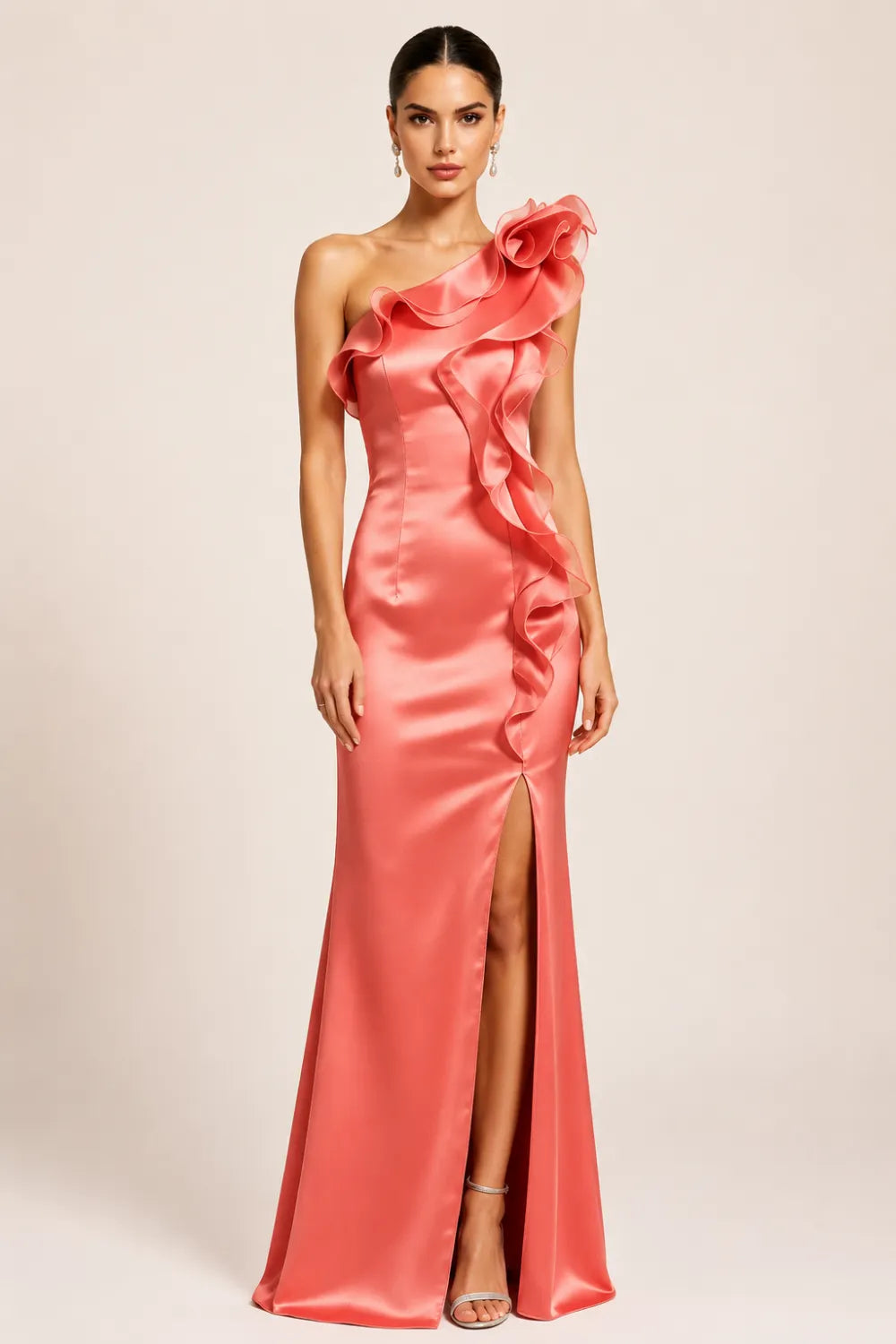 One Shoulder Satin Maxi Dress with Ruffle Detail