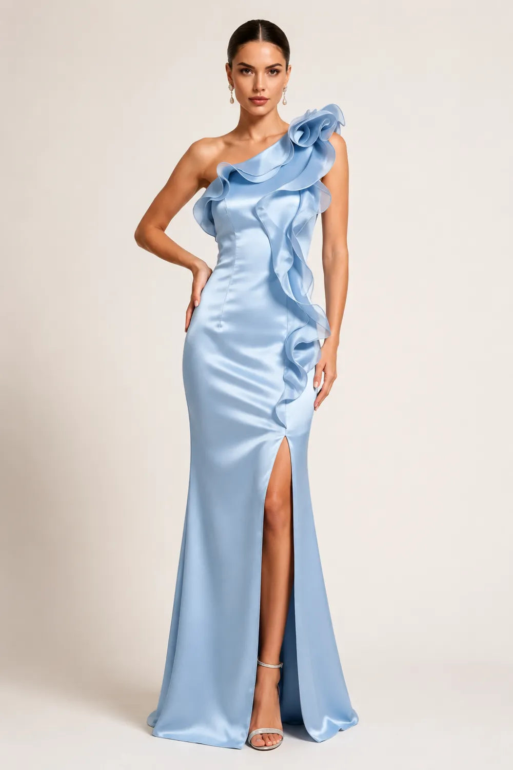 One Shoulder Satin Maxi Dress with Ruffle Detail