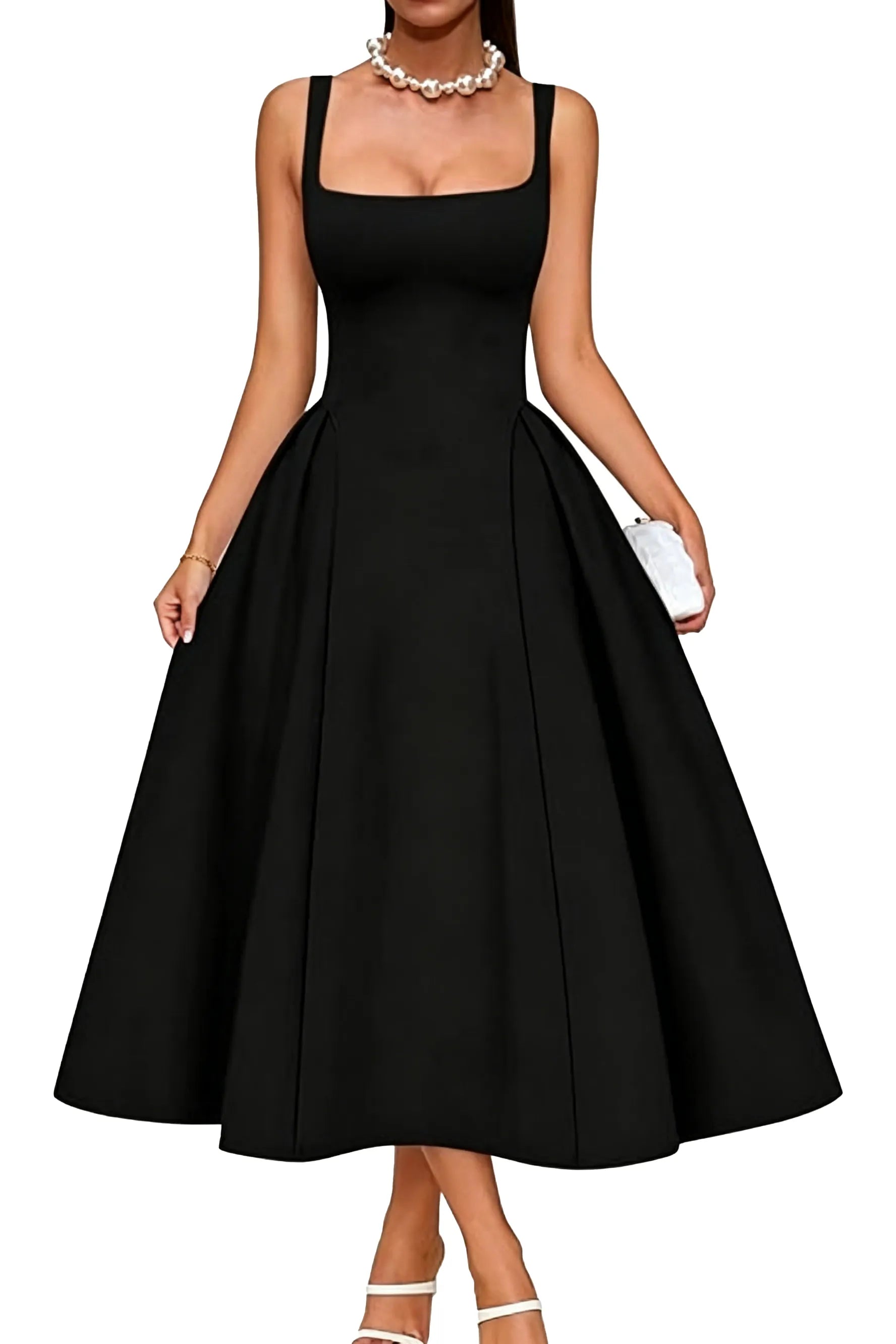 Elegant Square Neck A-Line Midi Dress