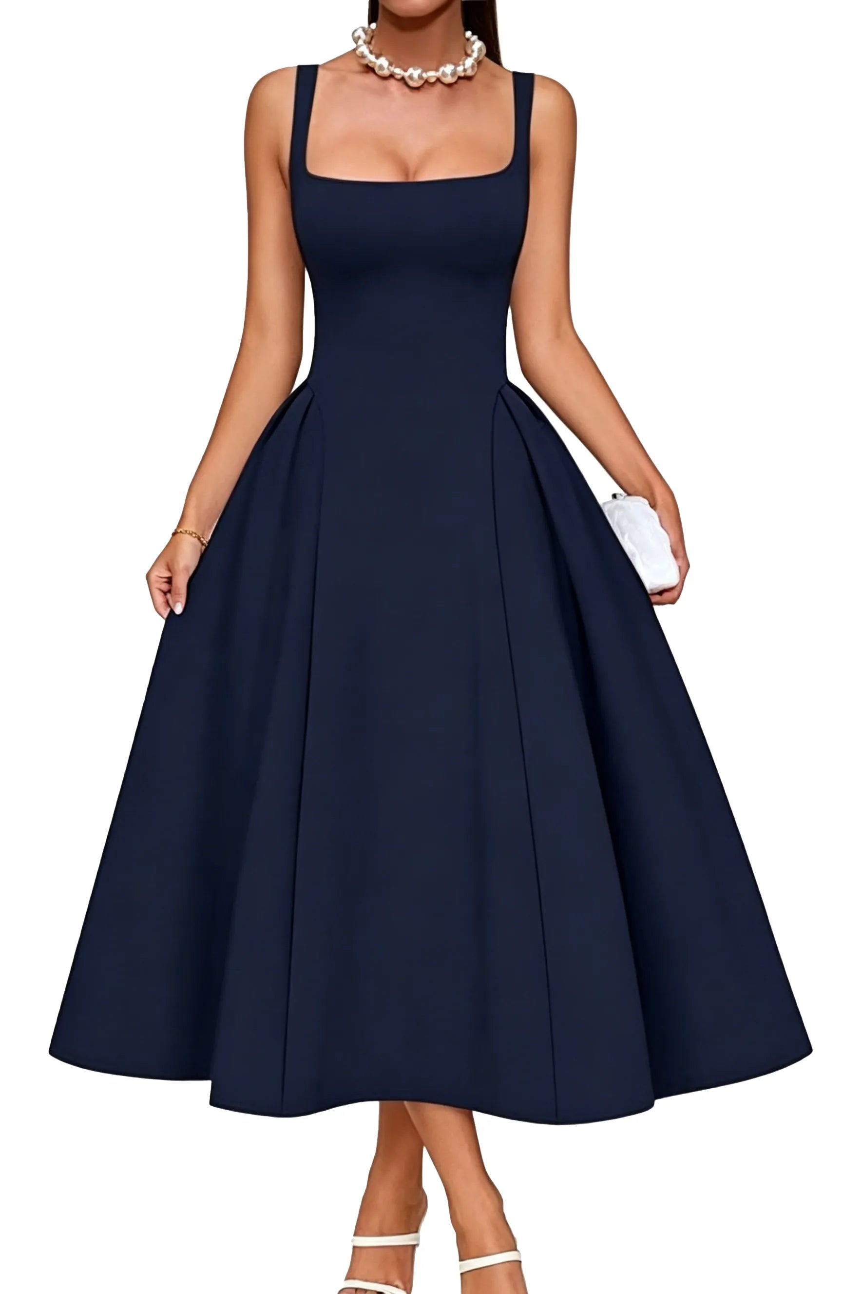 Elegant Square Neck A-Line Midi Dress