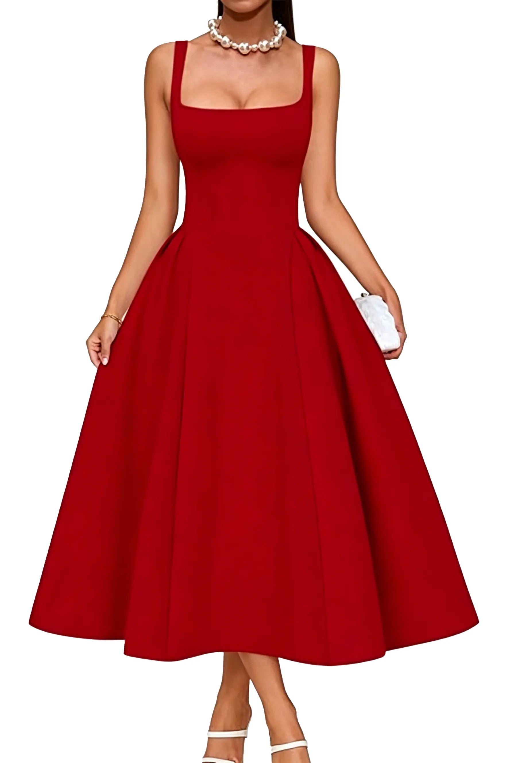 Elegant Square Neck A-Line Midi Dress