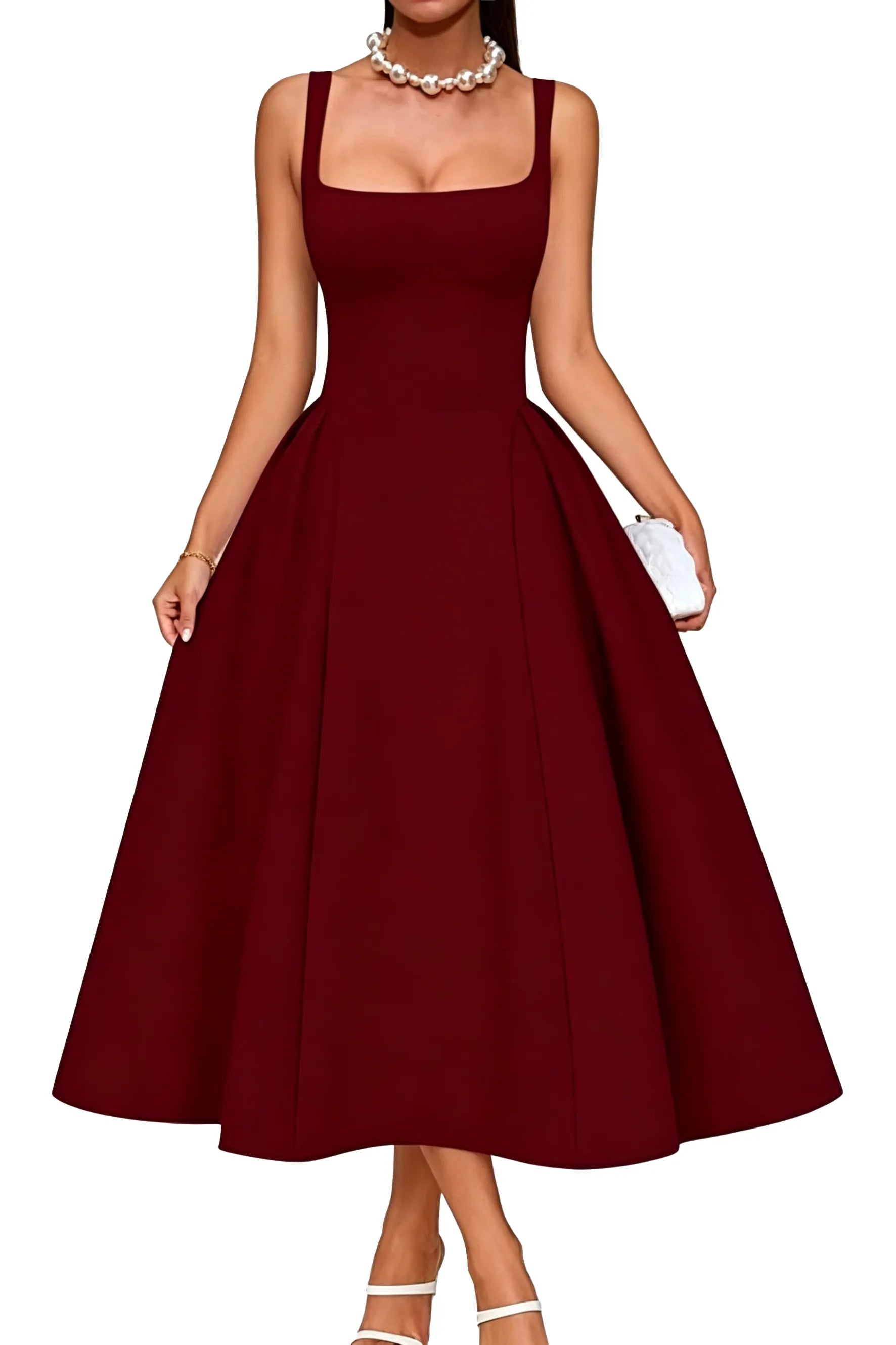 Elegant Square Neck A-Line Midi Dress