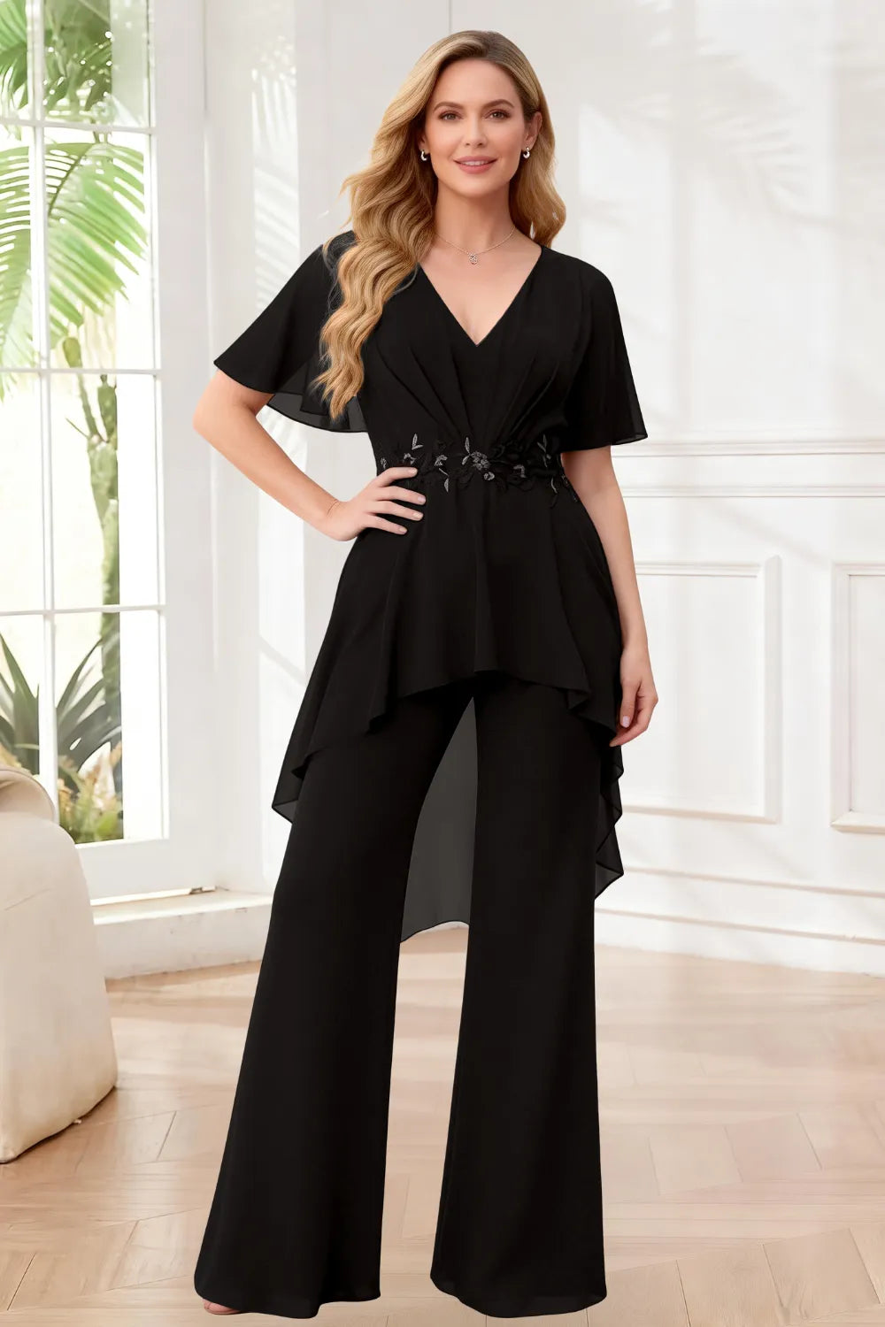 Formal Wide Leg Jumpsuit with Flowing Chiffon Top