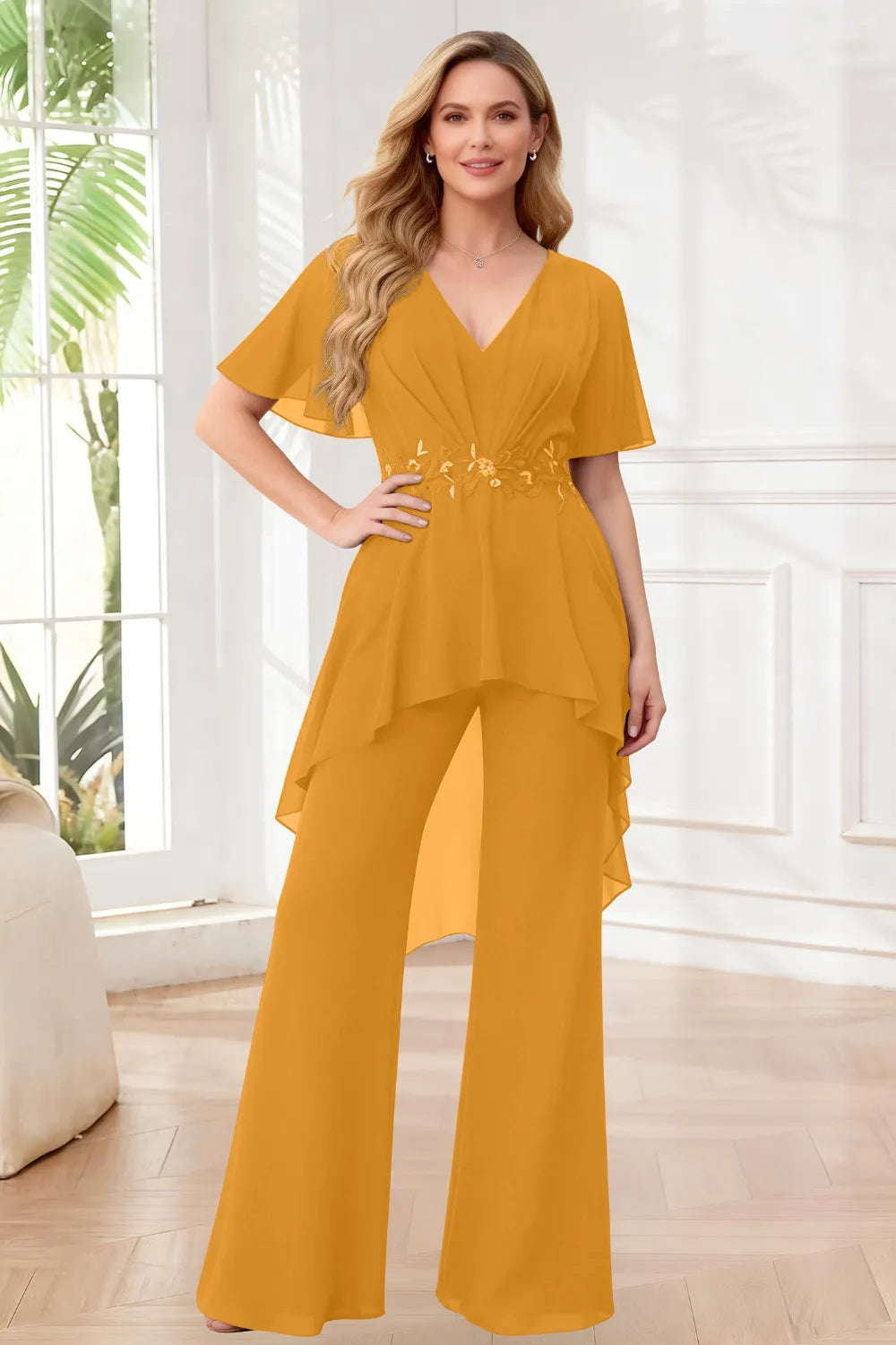 Formal Wide Leg Jumpsuit with Flowing Chiffon Top