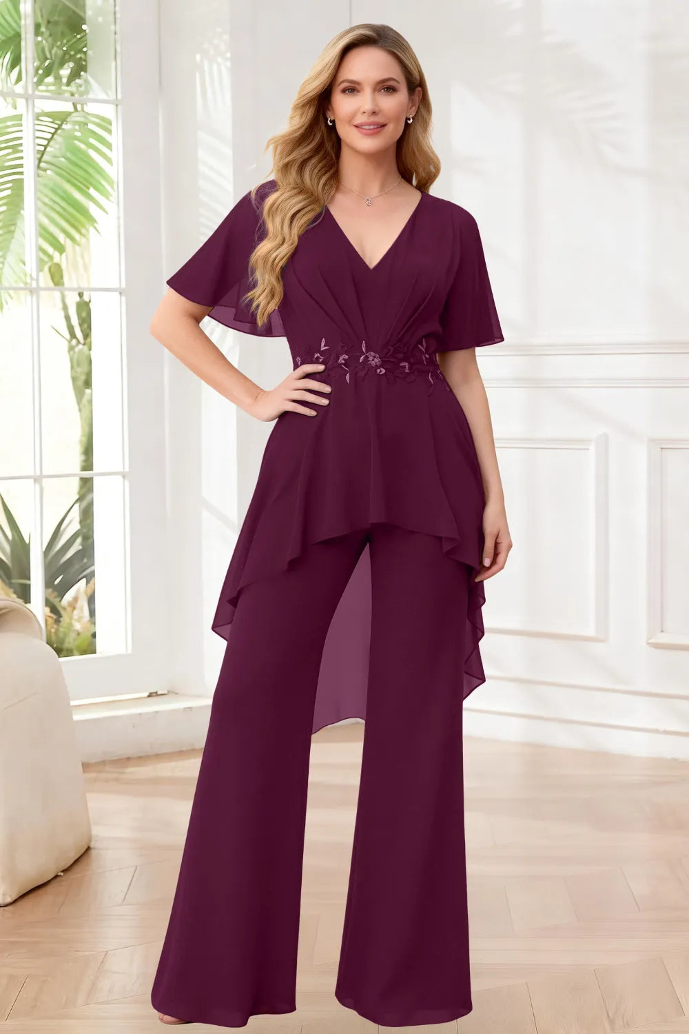 Formal Wide Leg Jumpsuit with Flowing Chiffon Top