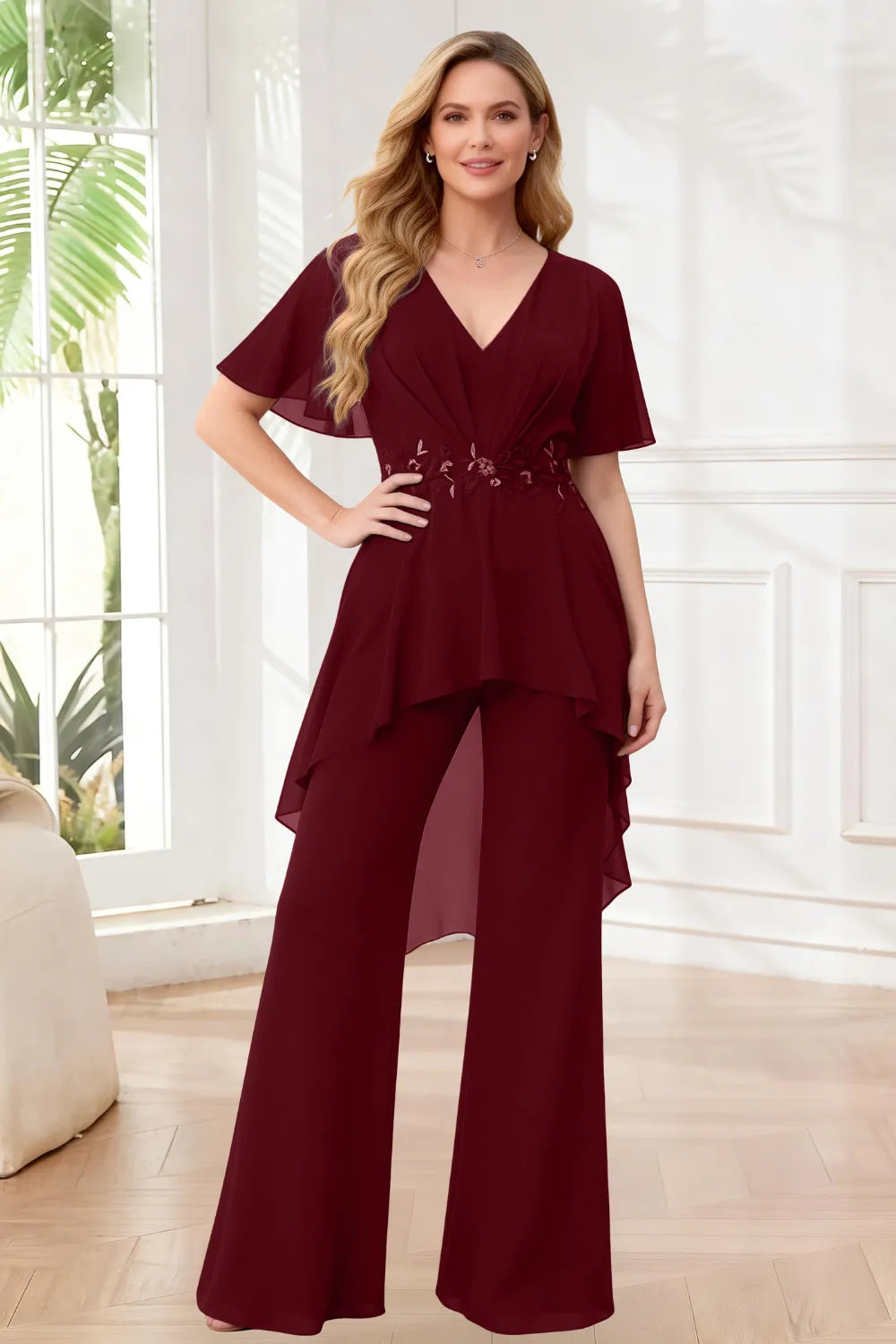 Formal Wide Leg Jumpsuit with Flowing Chiffon Top