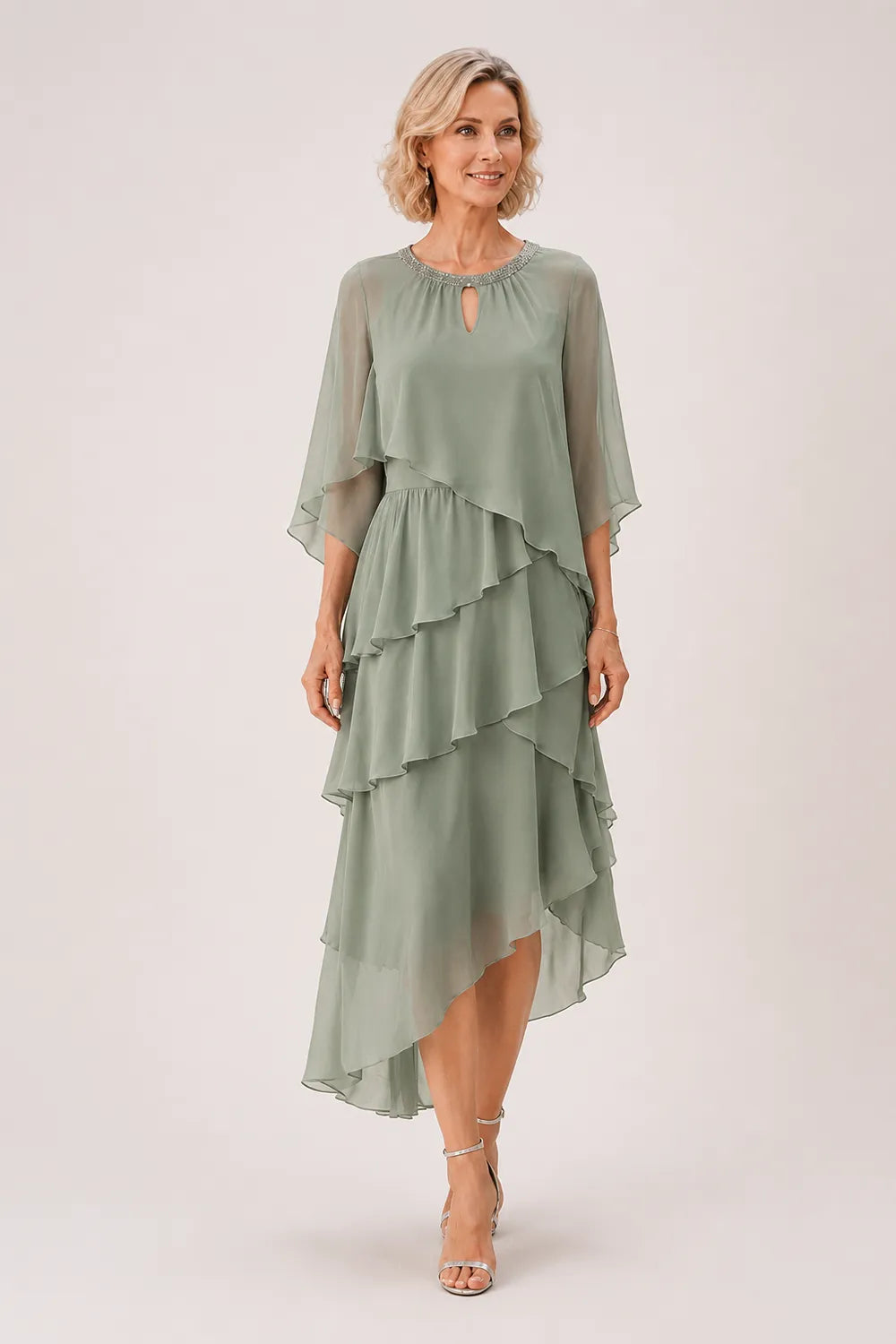 Flowing Ruffle Cape Formal Dress