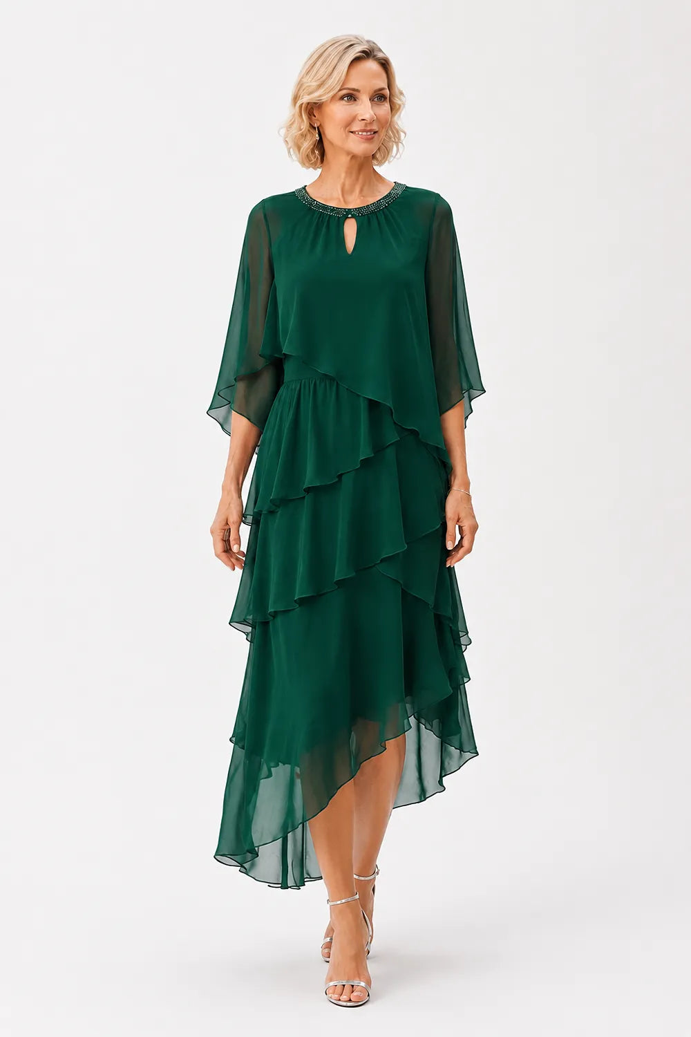 Flowing Ruffle Cape Formal Dress