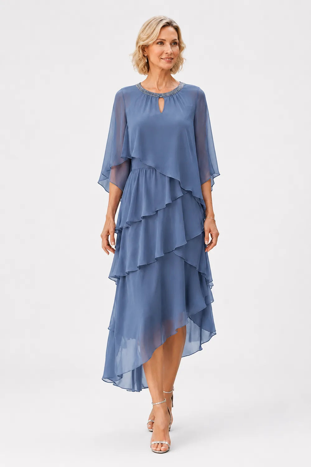 Flowing Ruffle Cape Formal Dress
