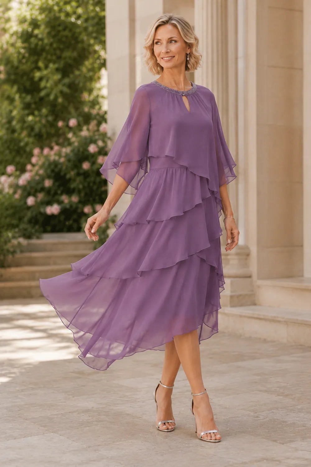 Flowing Ruffle Cape Formal Dress