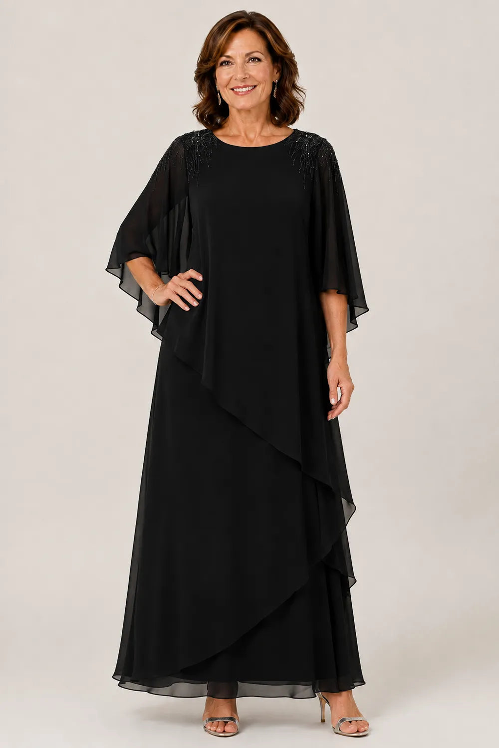 Beaded Shoulder Cape Sleeve Formal Gown
