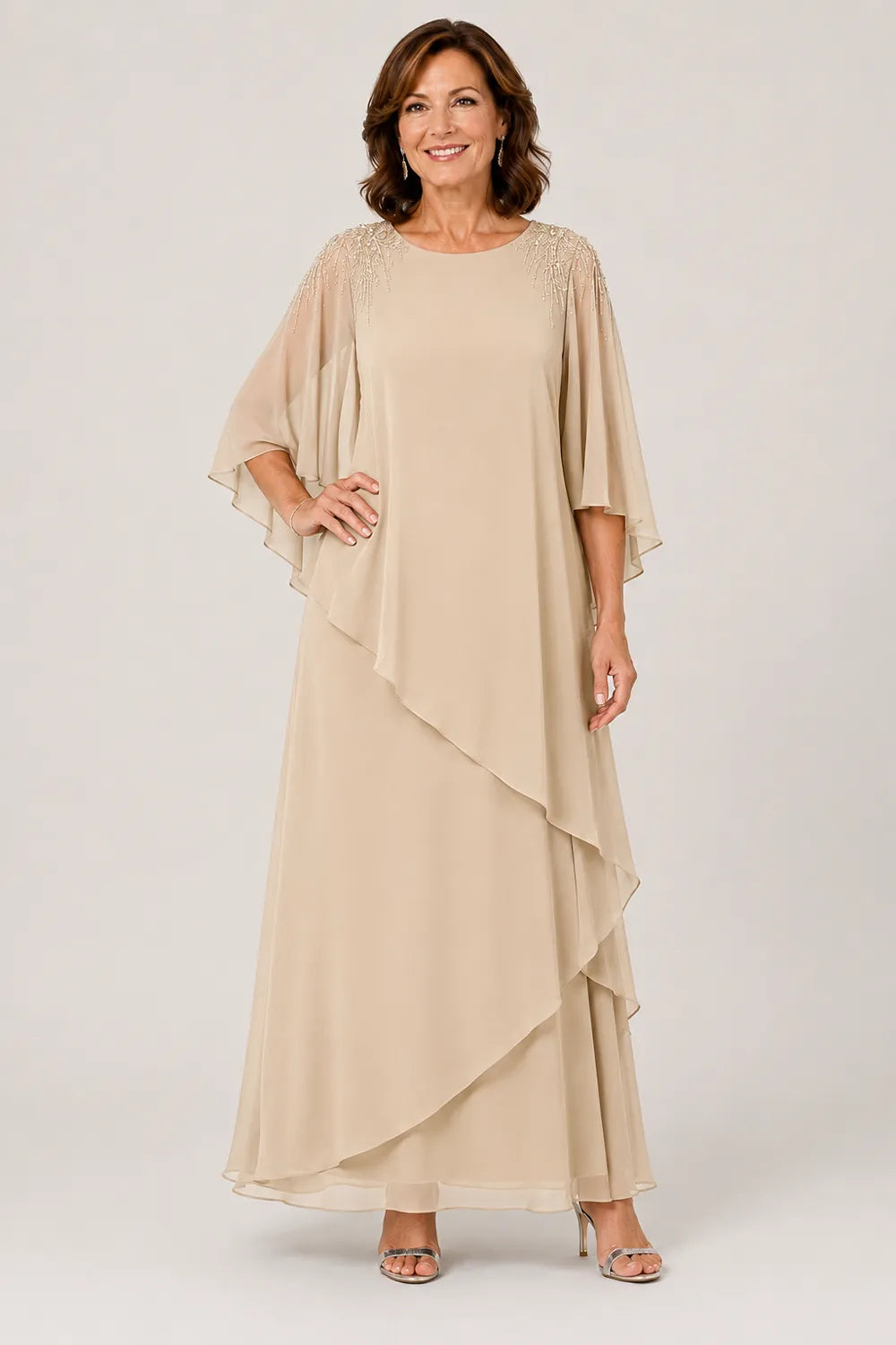 Beaded Shoulder Cape Sleeve Formal Gown