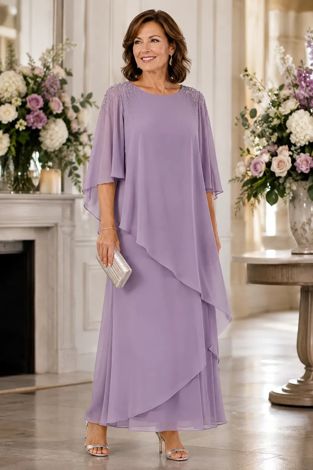 Beaded Shoulder Cape Sleeve Formal Gown