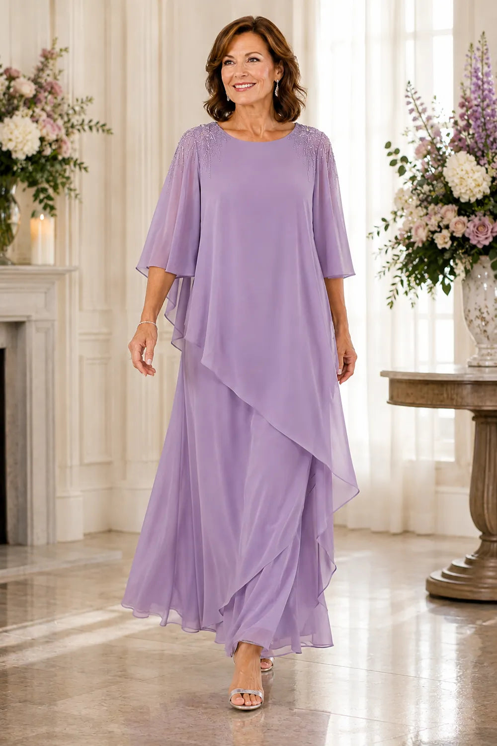 Beaded Shoulder Cape Sleeve Formal Gown