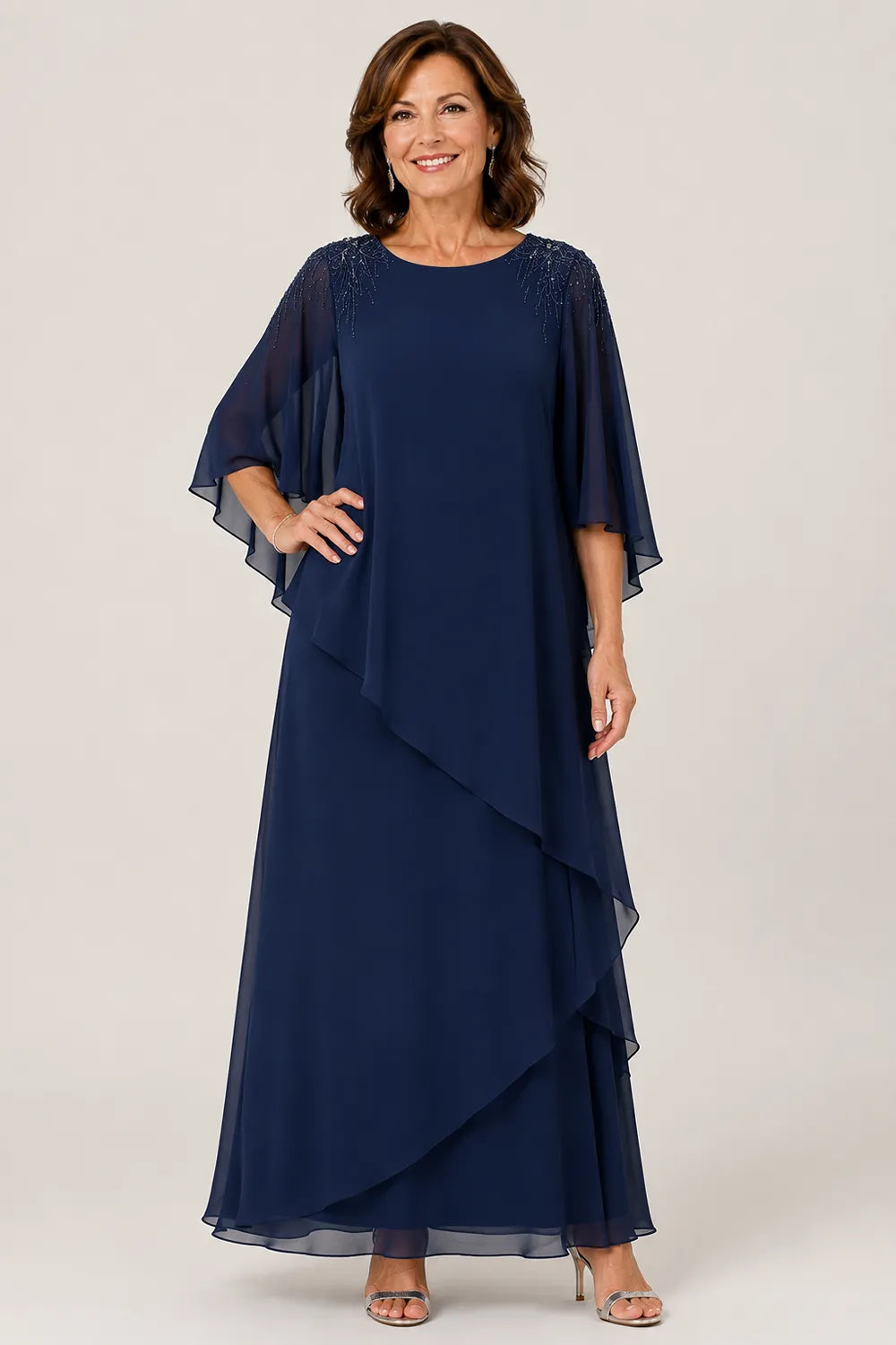 Beaded Shoulder Cape Sleeve Formal Gown