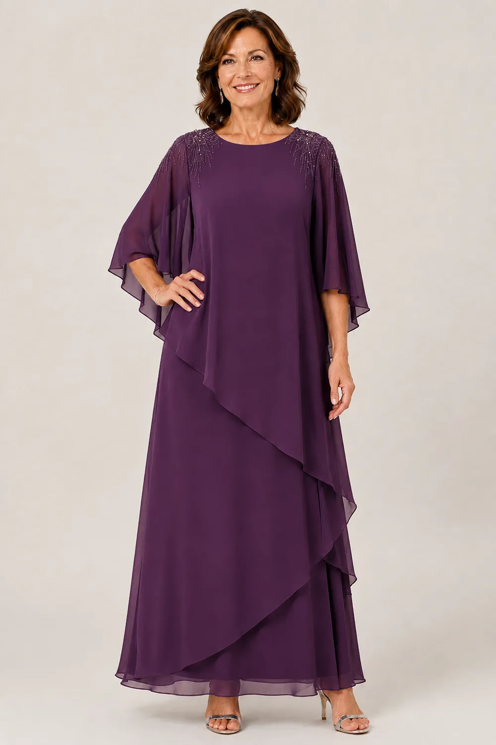 Beaded Shoulder Cape Sleeve Formal Gown