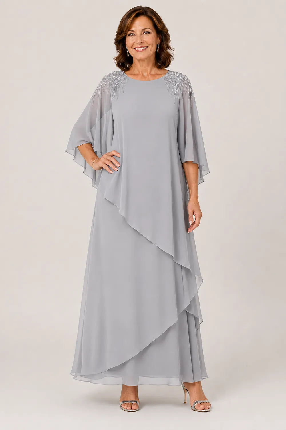 Beaded Shoulder Cape Sleeve Formal Gown