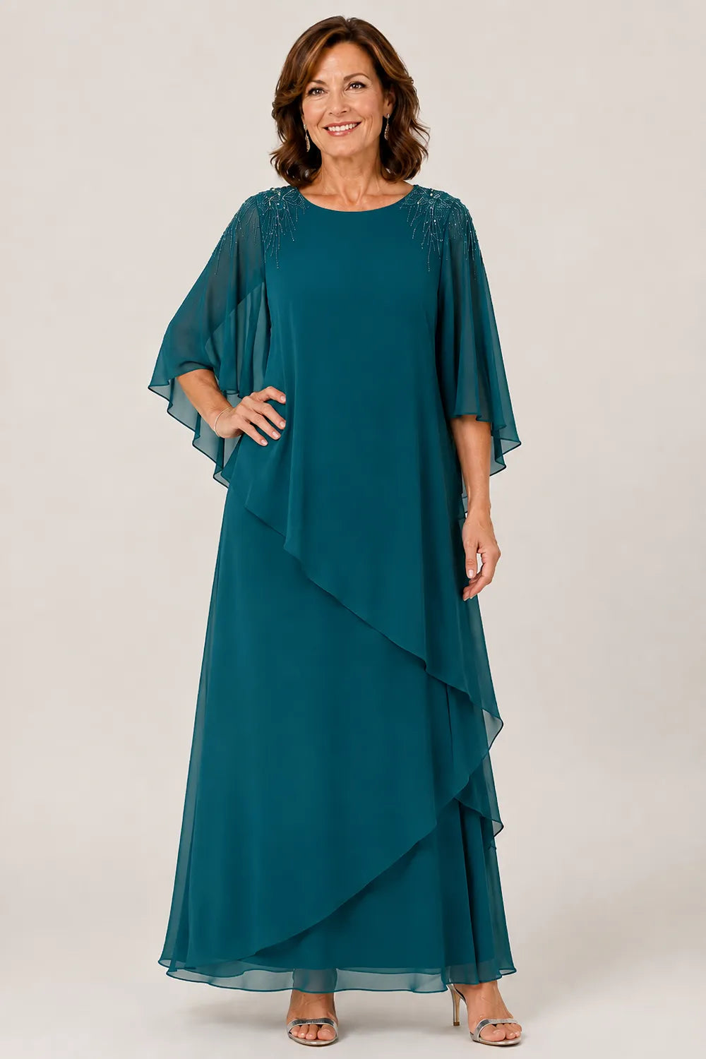 Beaded Shoulder Cape Sleeve Formal Gown