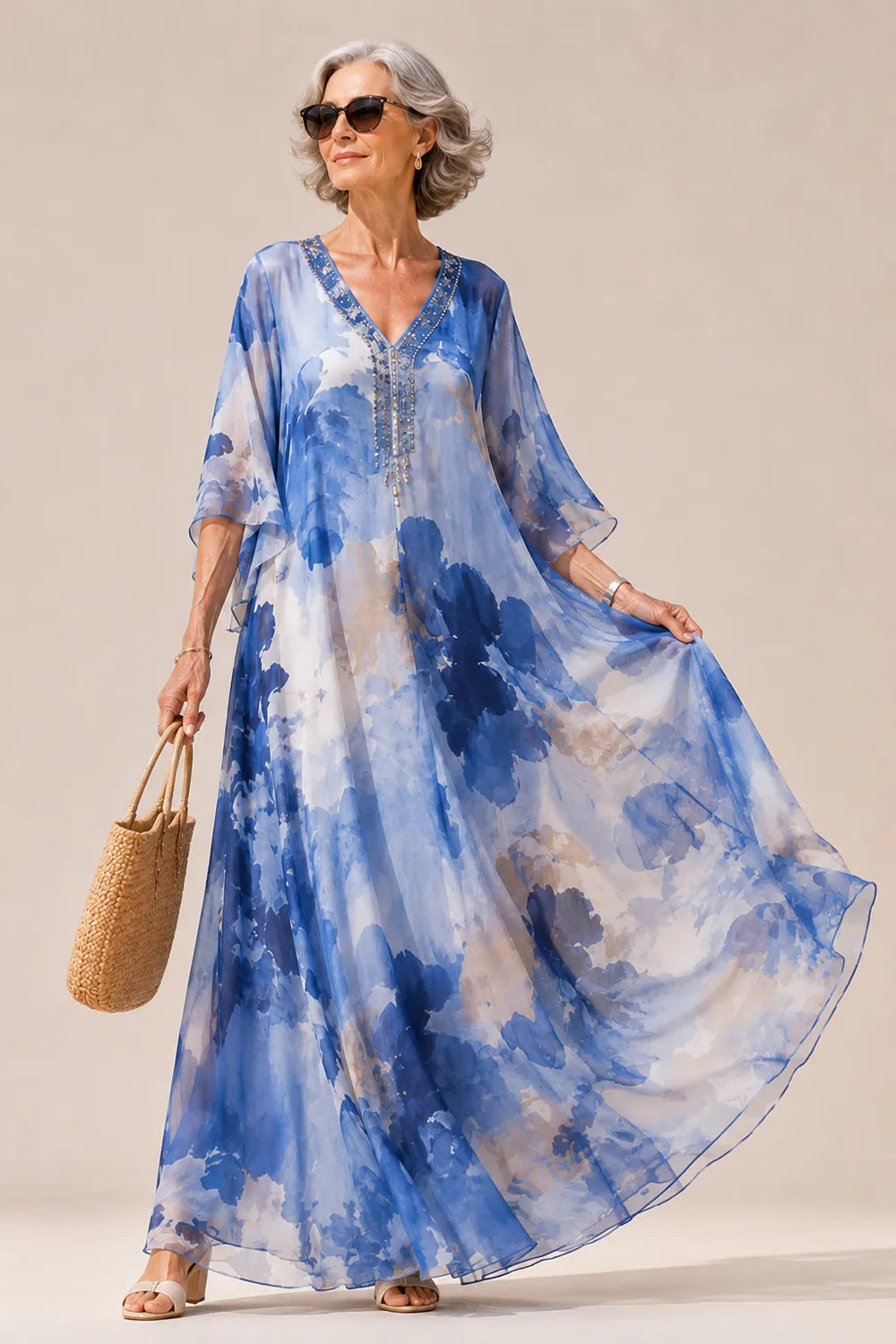 Elegant Floral Chiffon Maxi Dress