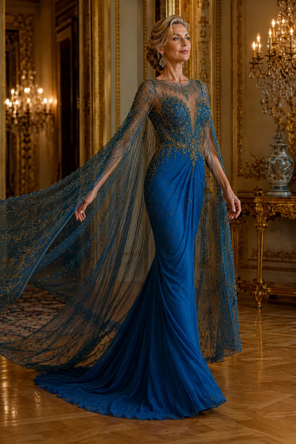 Royal Blue Evening Gown with Cape and Gold Beading
