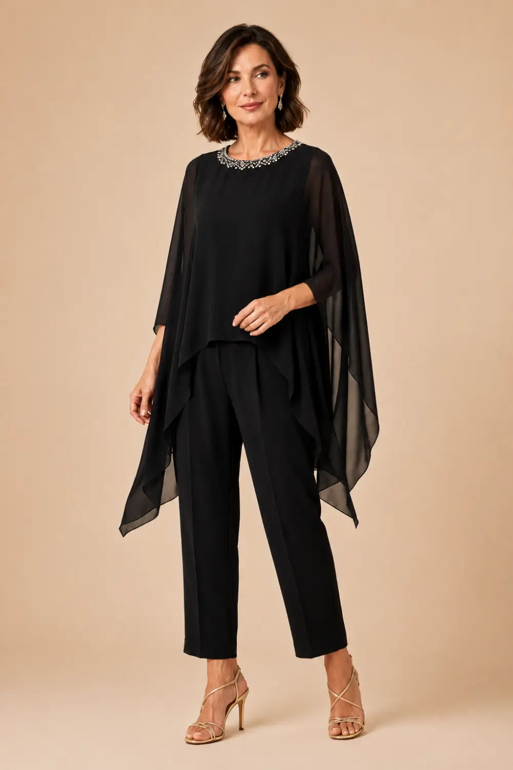 Beaded Chiffon Asymmetric Capelet Pant Suit