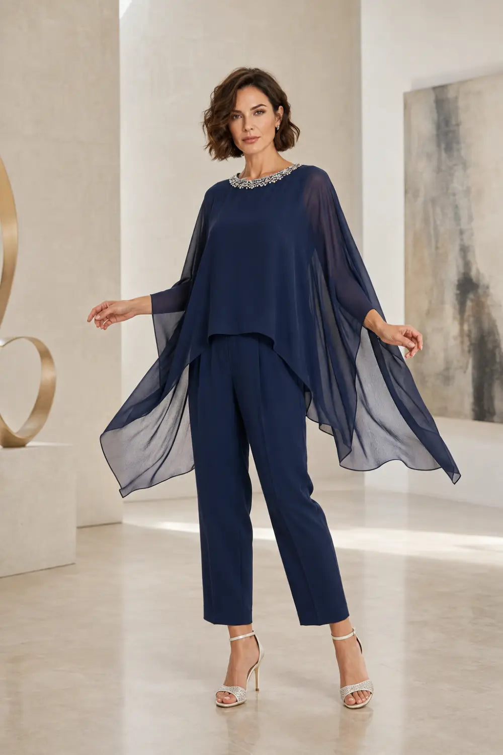 Beaded Chiffon Asymmetric Capelet Pant Suit