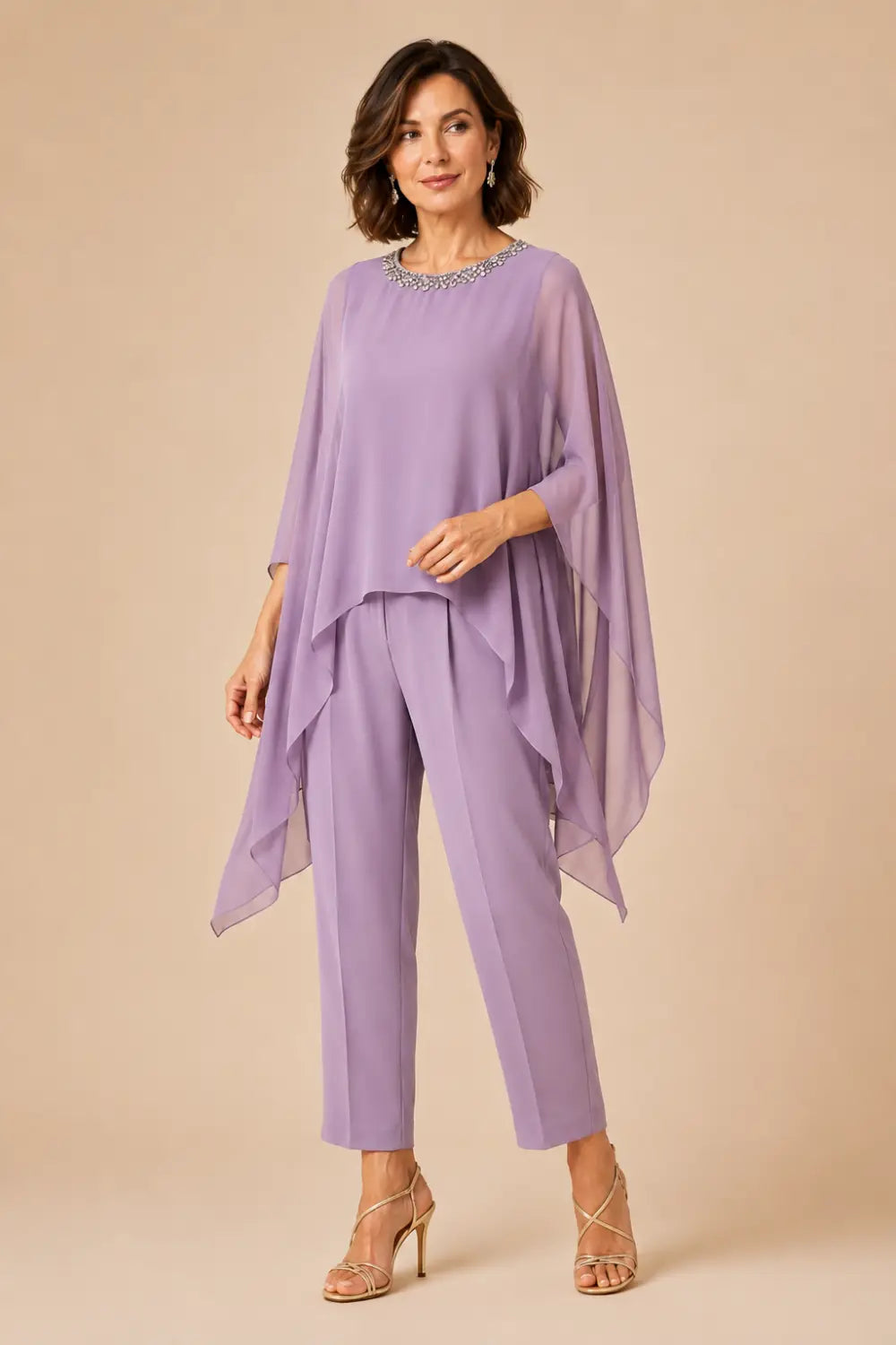 Beaded Chiffon Asymmetric Capelet Pant Suit