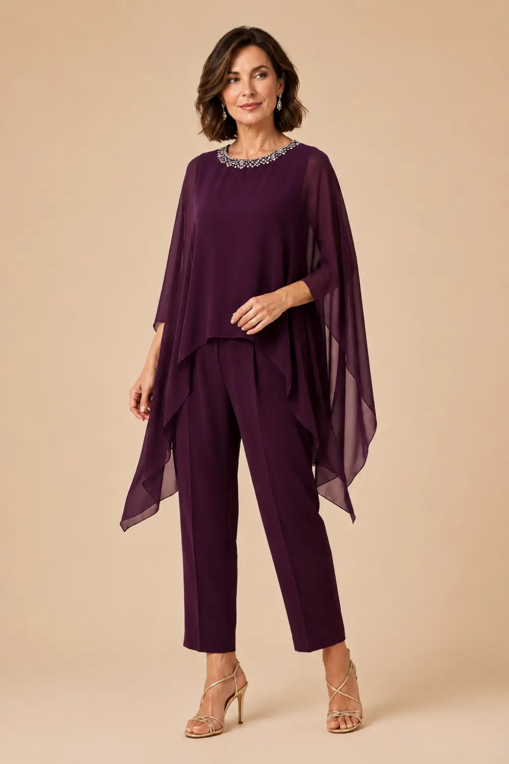 Beaded Chiffon Asymmetric Capelet Pant Suit