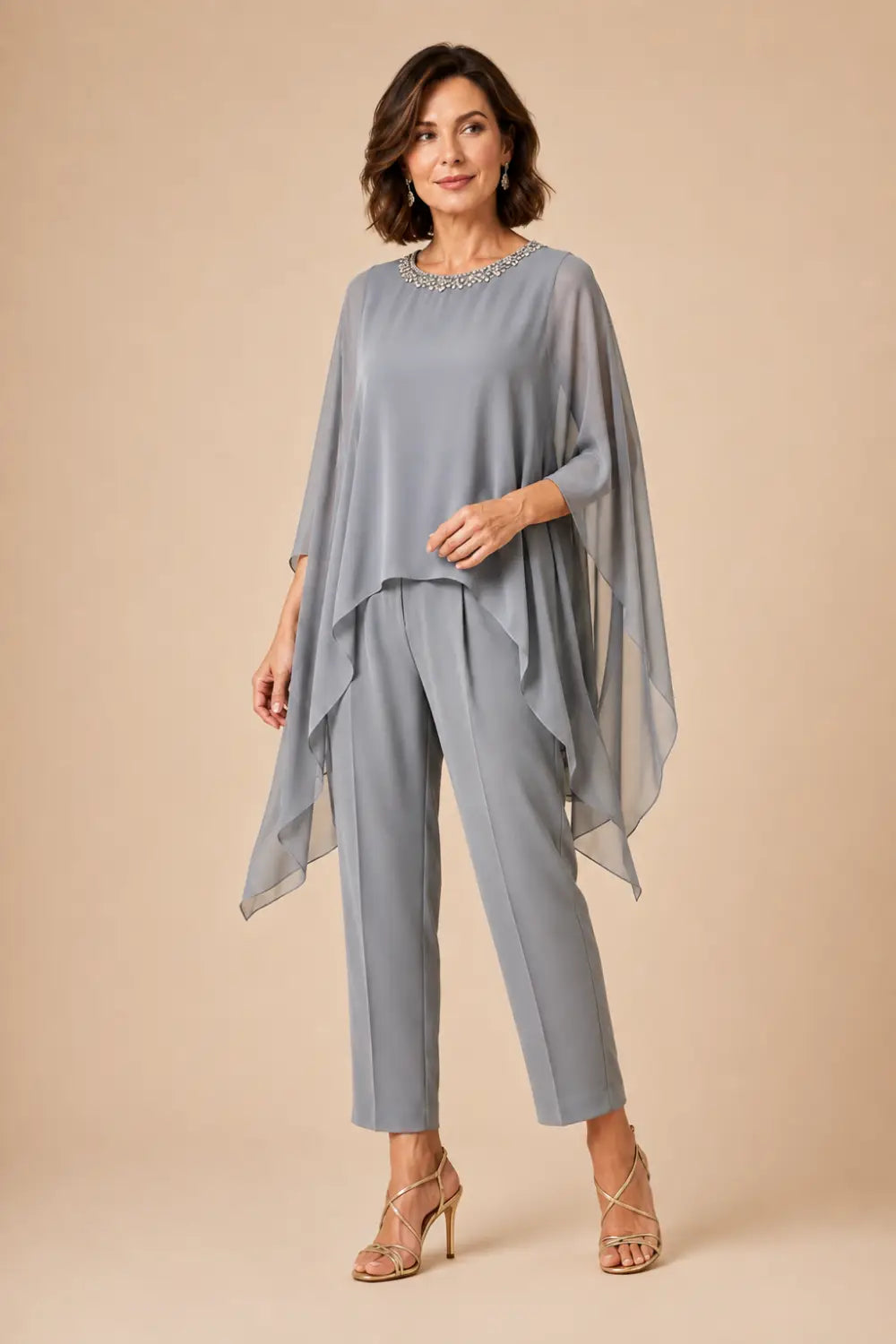 Beaded Chiffon Asymmetric Capelet Pant Suit