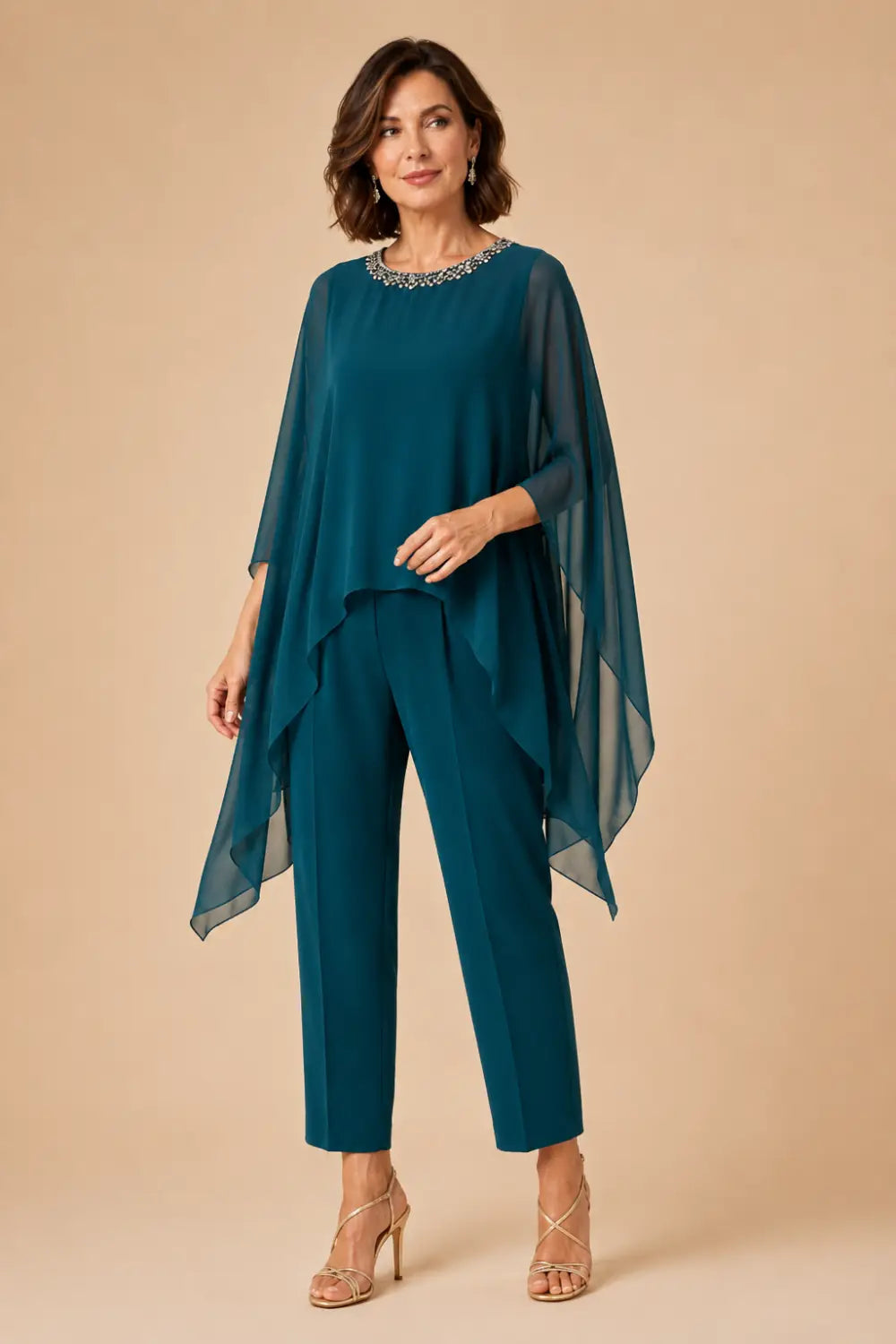 Beaded Chiffon Asymmetric Capelet Pant Suit