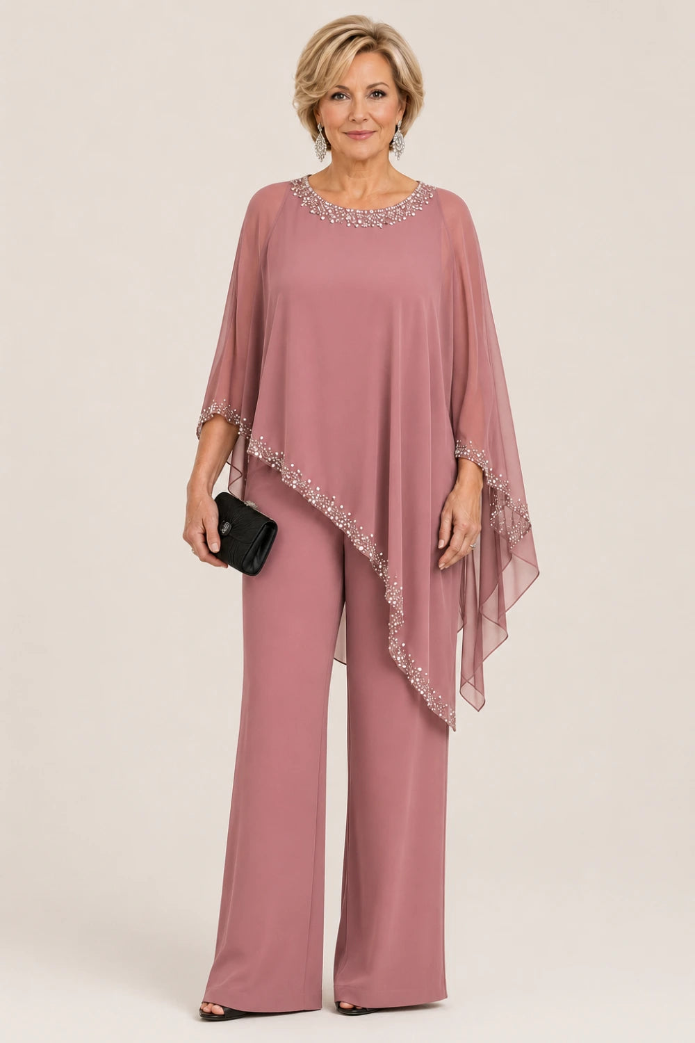 Beaded Chiffon Cape Formal Pant Suit with Wide Legs