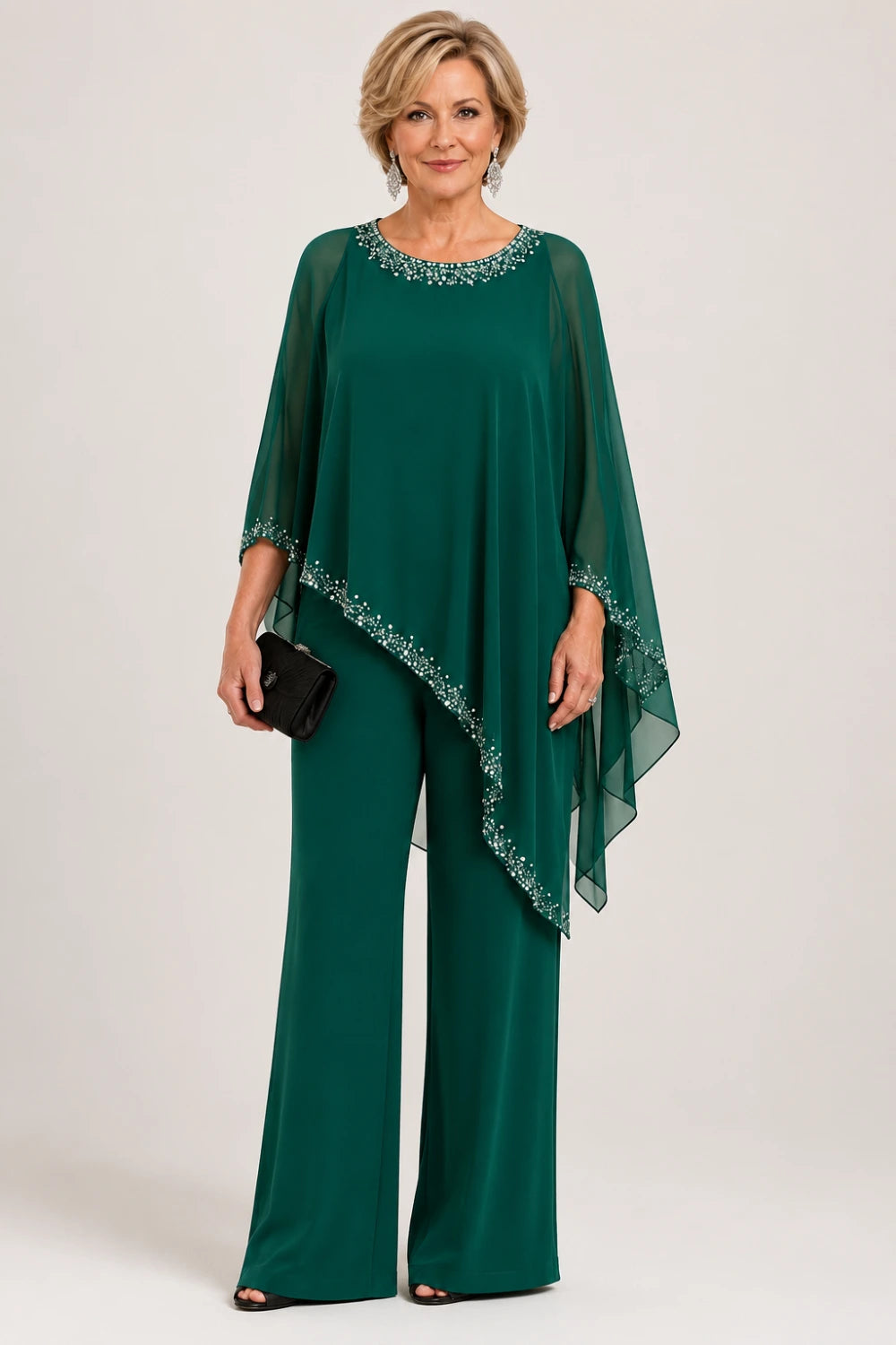 Beaded Chiffon Cape Formal Pant Suit with Wide Legs