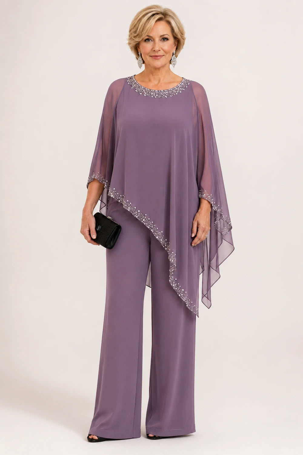Beaded Chiffon Cape Formal Pant Suit with Wide Legs