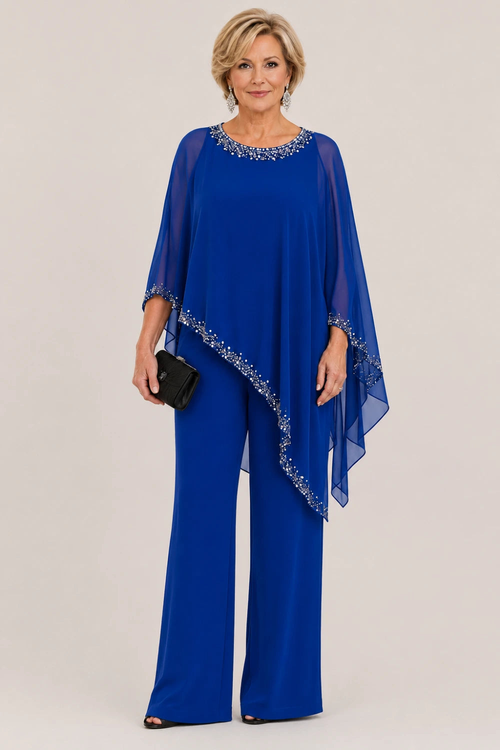Beaded Chiffon Cape Formal Pant Suit with Wide Legs