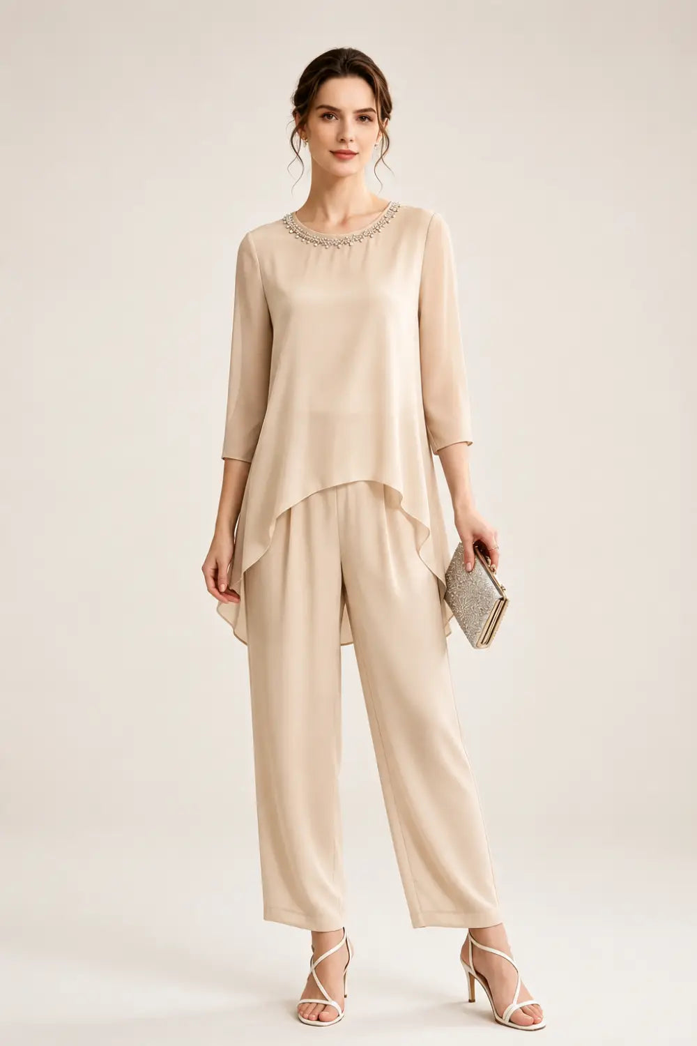 Beaded Chiffon Capelet Pant Suit with Wide-Leg Pants