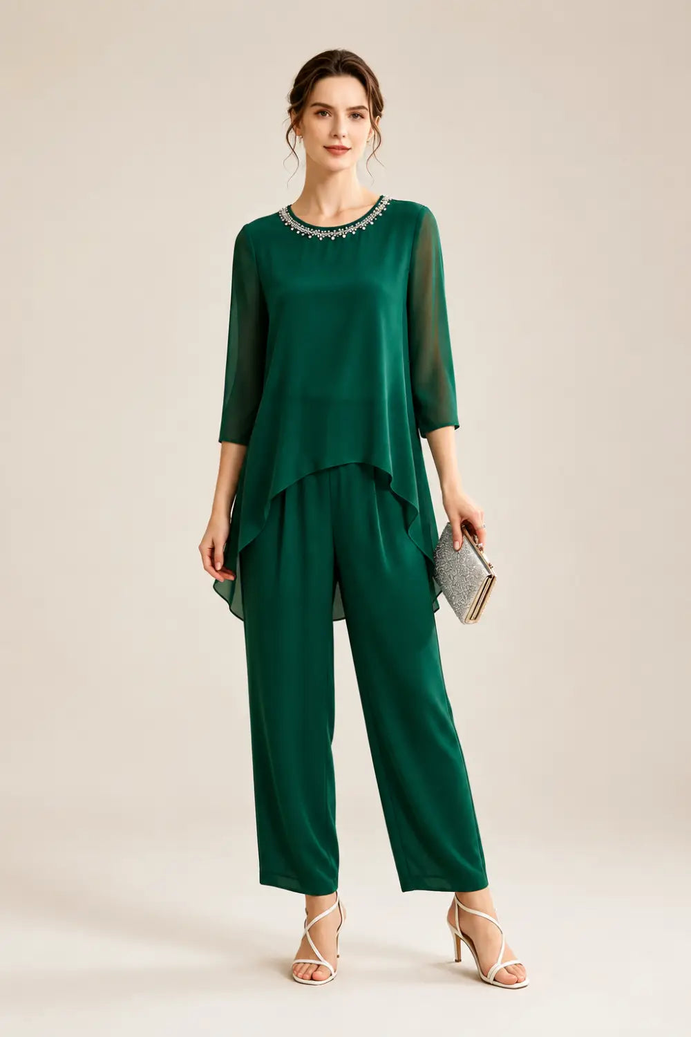 Beaded Chiffon Capelet Pant Suit with Wide-Leg Pants