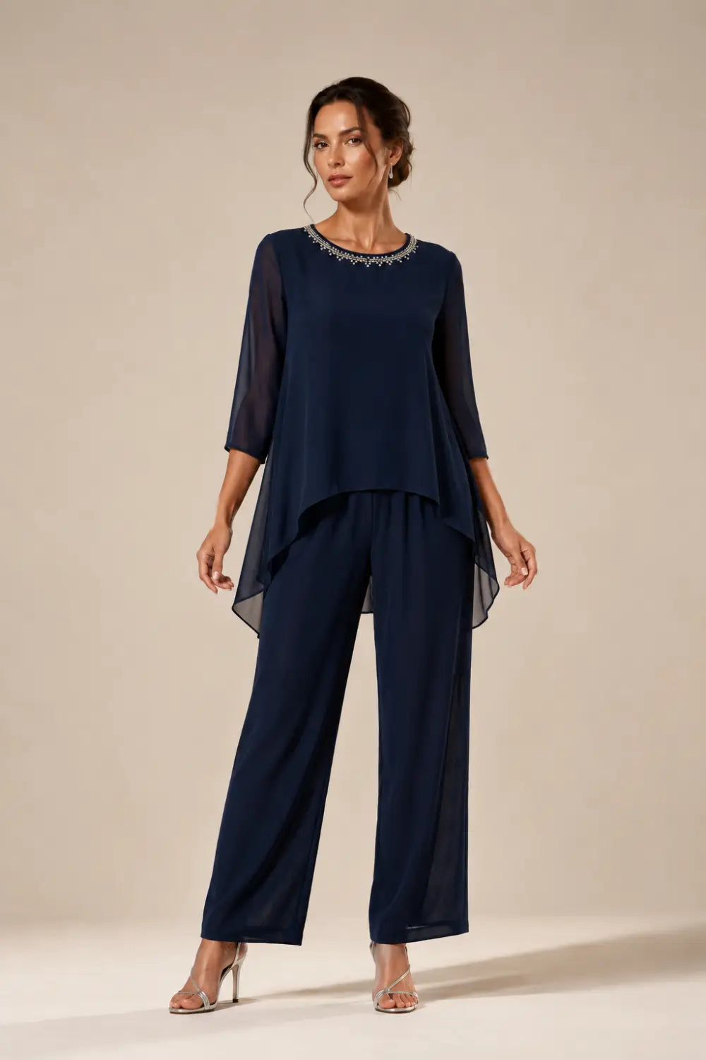 Beaded Chiffon Capelet Pant Suit with Wide-Leg Pants