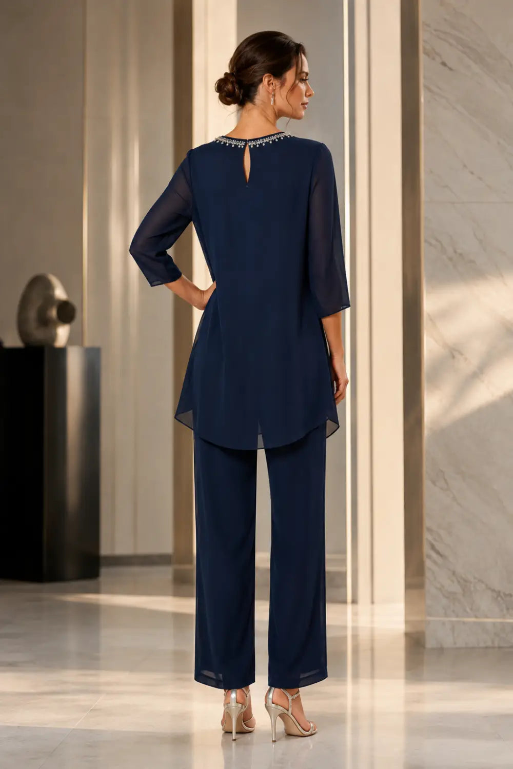 Beaded Chiffon Capelet Pant Suit with Wide-Leg Pants