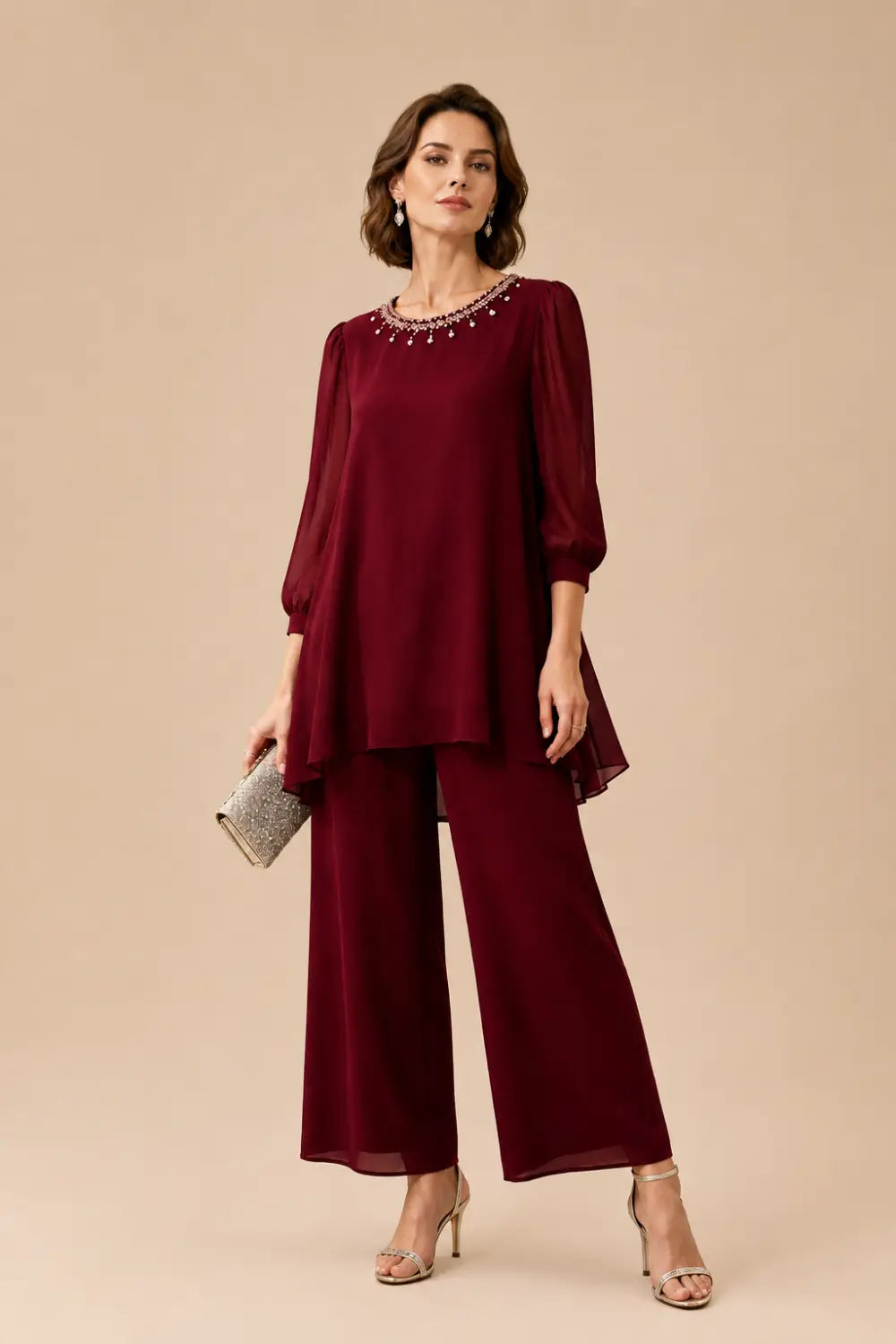 Beaded Chiffon Layered Pant Suit with 3/4 Sleeves